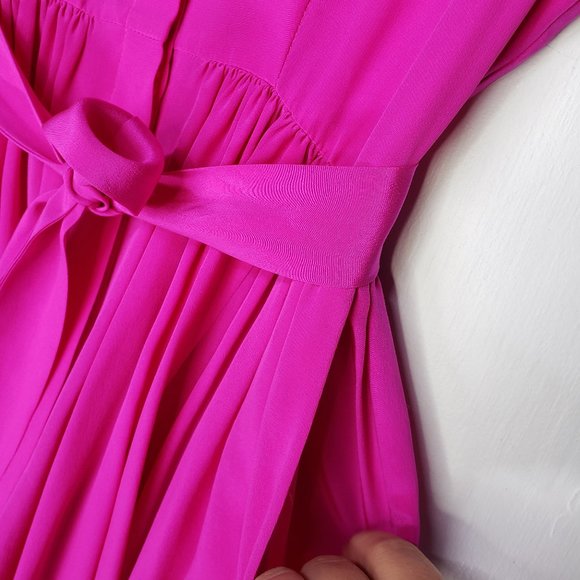 Amanda Uprichard Silk Button Front High Low Dress S Hot Pink Short Sleeve Belted - Picture 6 of 8